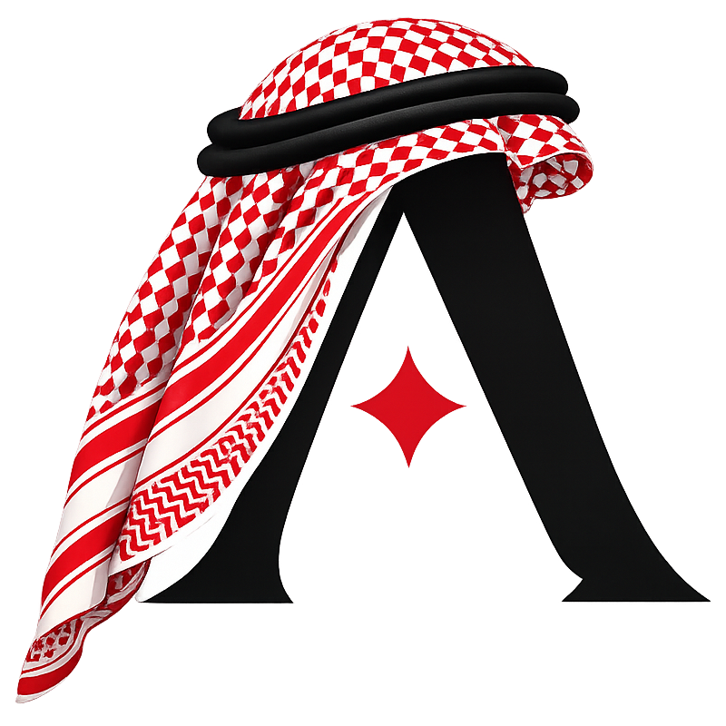 A red and white checkered keffiyeh shemagh headscarf with a black headband (agal) and a red star emblem, styled on a black letter 'A' against a white background.