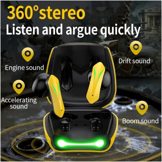 Gaming TWS Bluetooth earbuds with LED charging case featuring low latency mode and immersive 360-degree stereo sound for gaming and music.